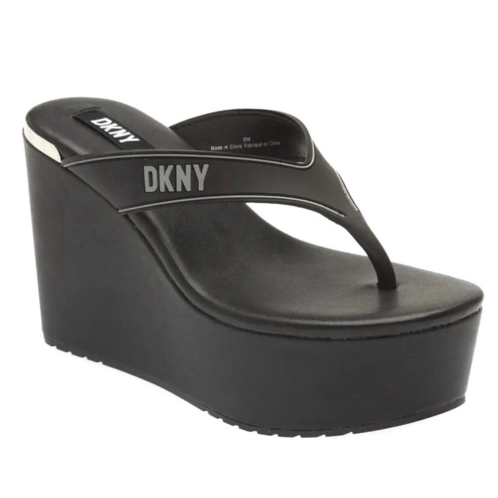 DKNY Trina Wedge Platform Wedge Thong Sandals Black Size 6.5 New